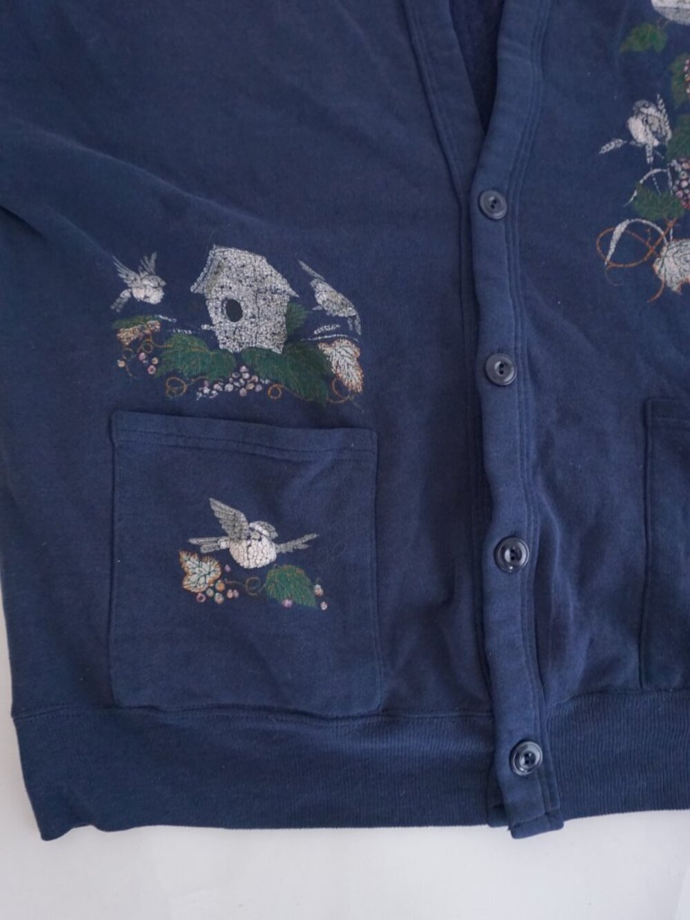 Vintage Jerzees Navy Bird Floral Embroidered Cottagecore Button Cardigan OSFM - Picture 7 of 9
